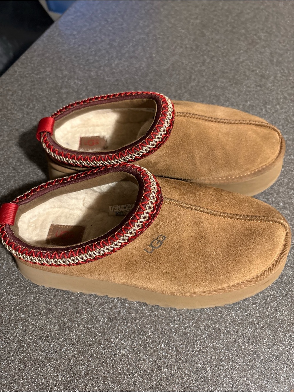 UGG women Chestnut Suede Slip-On Slippers with Red Trim